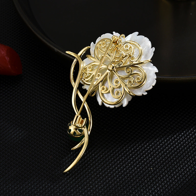 Emerald Mother-of-Pearl Plum Gold Brooch