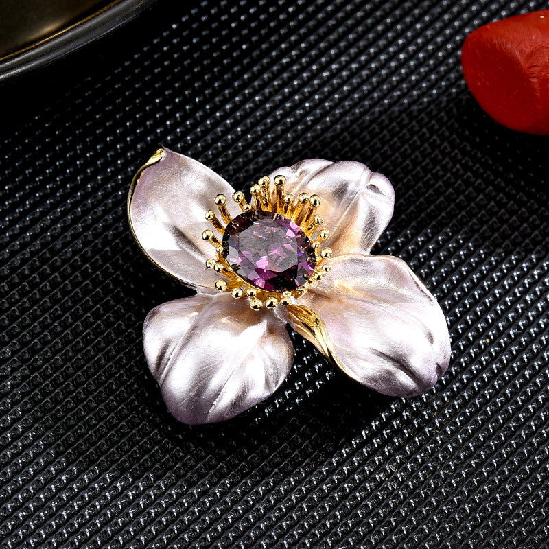 Pink Crystal Four-leaf Flower Brooch