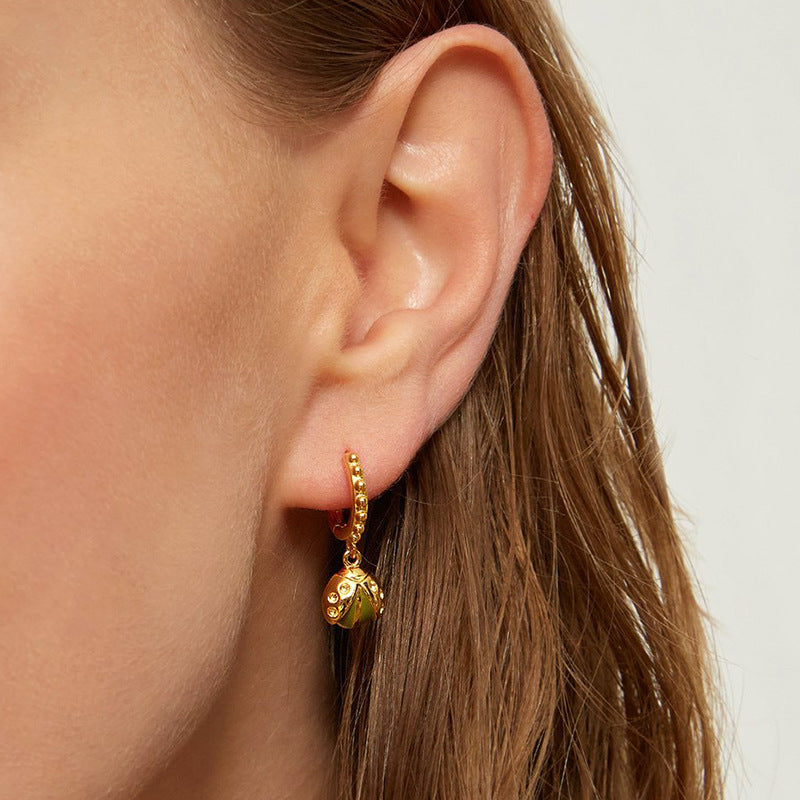 Gold Ladybird Blue Dangling Huggie Earrings