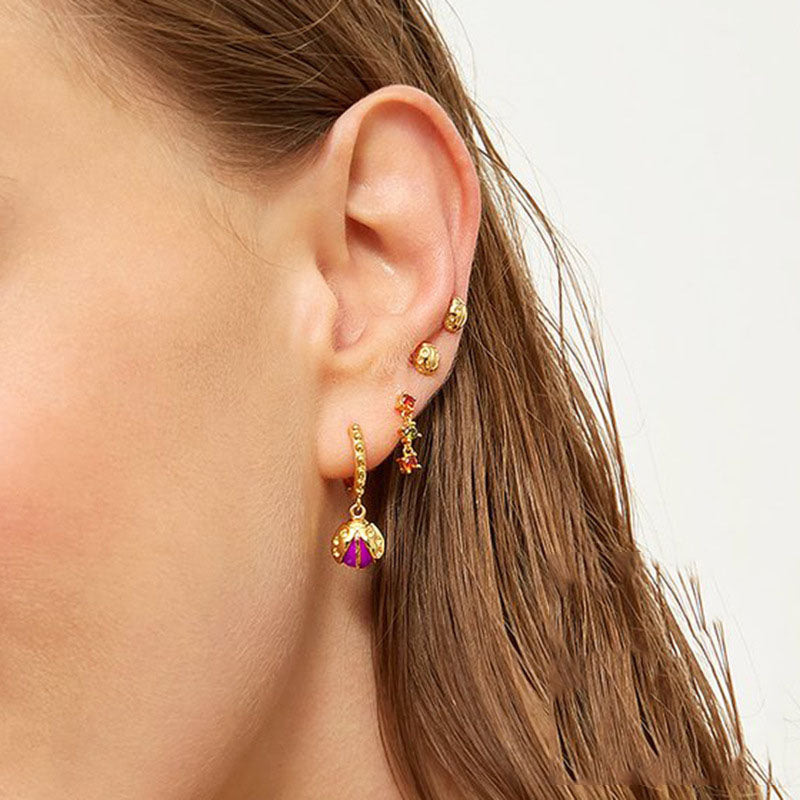Gold Ladybird Purple Dangling Huggie Earrings