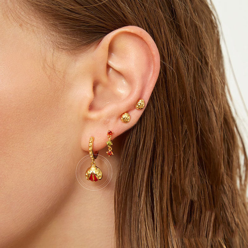 Gold Ladybird Red Dangling Huggie Earrings