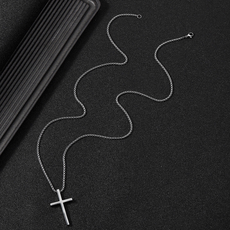 Cross Pendant Box Chain Necklace (Silver)