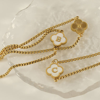 Clover Initial Letter Mother of Pearl Box Chain Bracelet