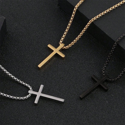 Cross Pendant Box Chain Necklace (Black)