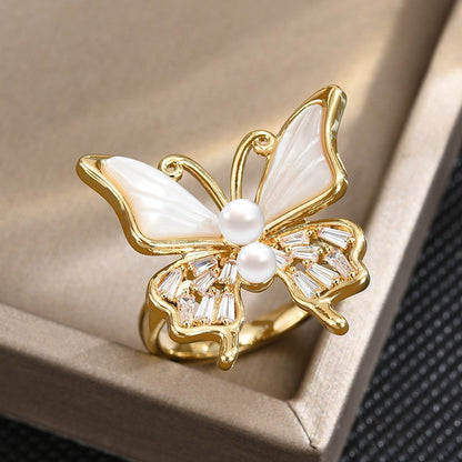 Pearl and Mother of Pearl Butterfly Open Gold Ring