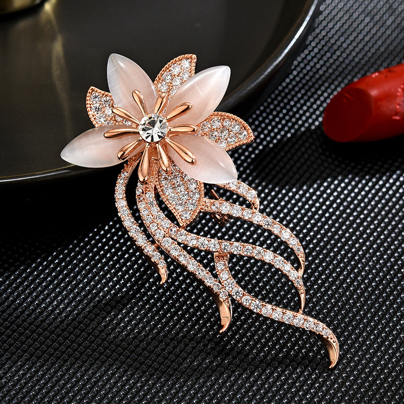 Zircon Cat's Eye Stone Orchid Brooch