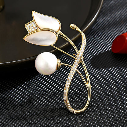 Mother-of-pearl Freshwater Pearl gold Tulip Brooch