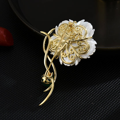 Emerald Mother-of-Pearl Plum Gold Brooch