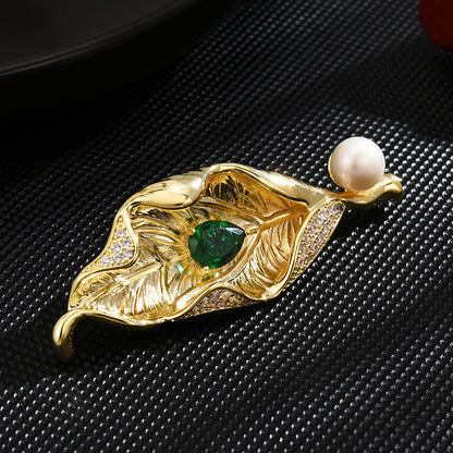 Classic Golden Leaves Freshwater Pearl Brooch