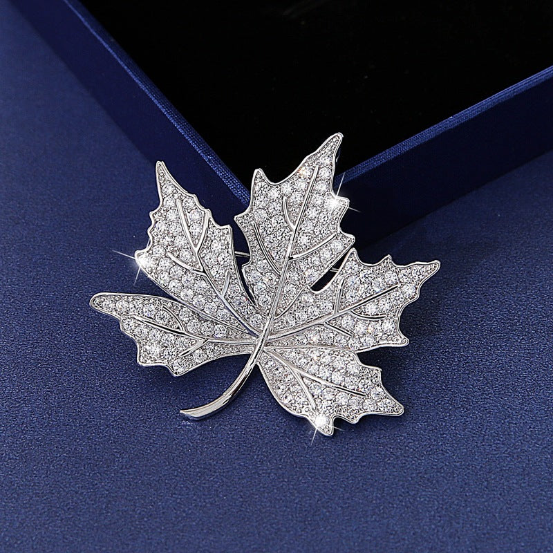 Maple Leaf Zircon Silver Brooch