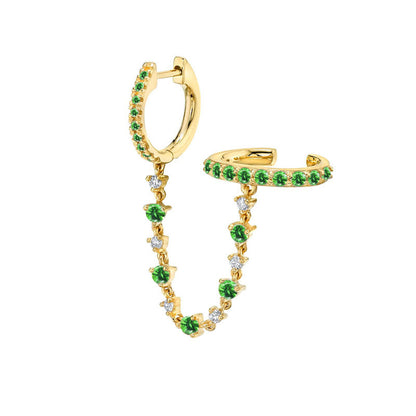 Emerald Sapphire Dangling One Piece Ear Chain Clip Earrings