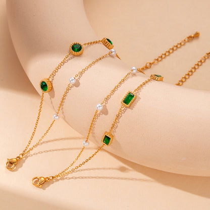 Freshwater Pearl Emerald Round Sapphire Double Chain Bracelet