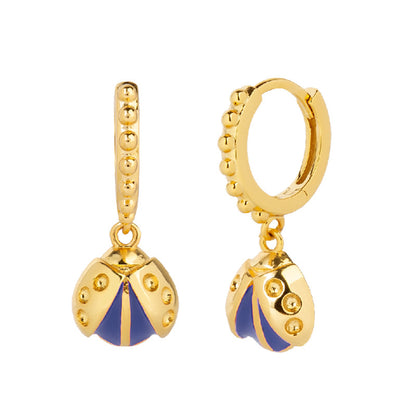 Gold Ladybird Blue Dangling Huggie Earrings