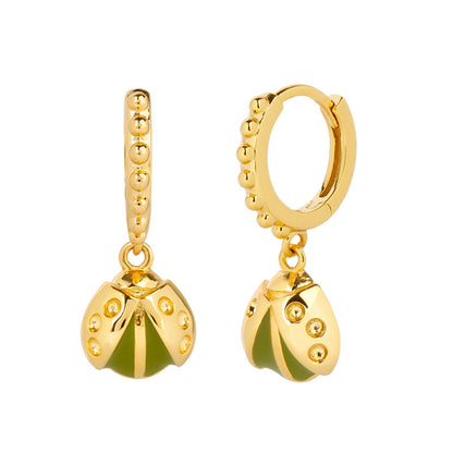 Green Gold Ladybird Dangling Huggie Earrings