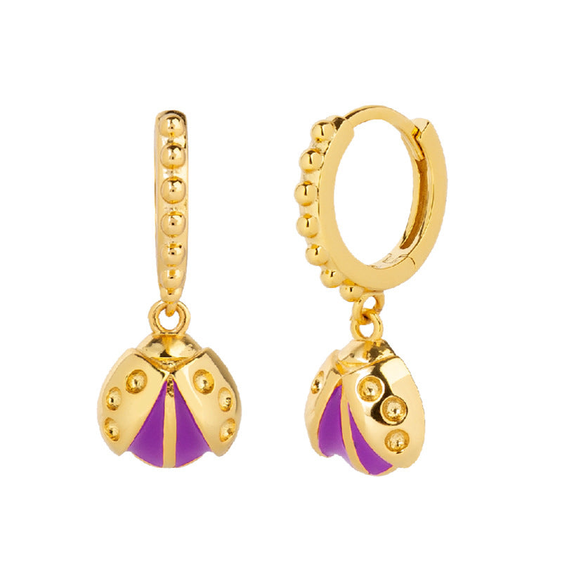 Gold Ladybird Purple Dangling Huggie Earrings