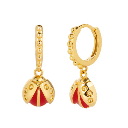 Gold Ladybird Red Dangling Huggie Earrings