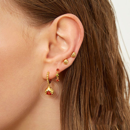 Gold Ladybird Red Dangling Huggie Earrings