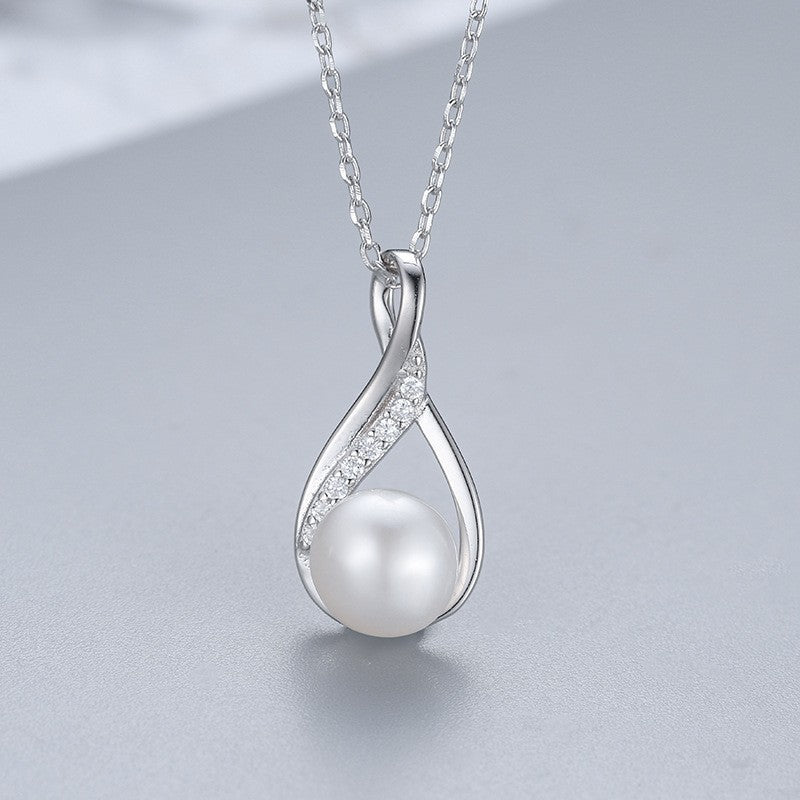 Freshwater Pearl Raindrop Twist  Pave Pendent Necklace