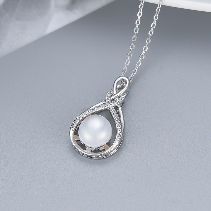 Freshwater Pearl Raindrop Double Twist  Pave Pendent Necklace