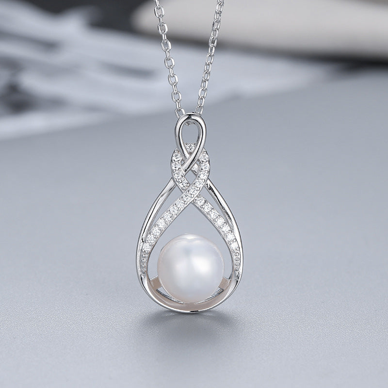 Freshwater Pearl Raindrop Double Twist  Pave Pendent Necklace