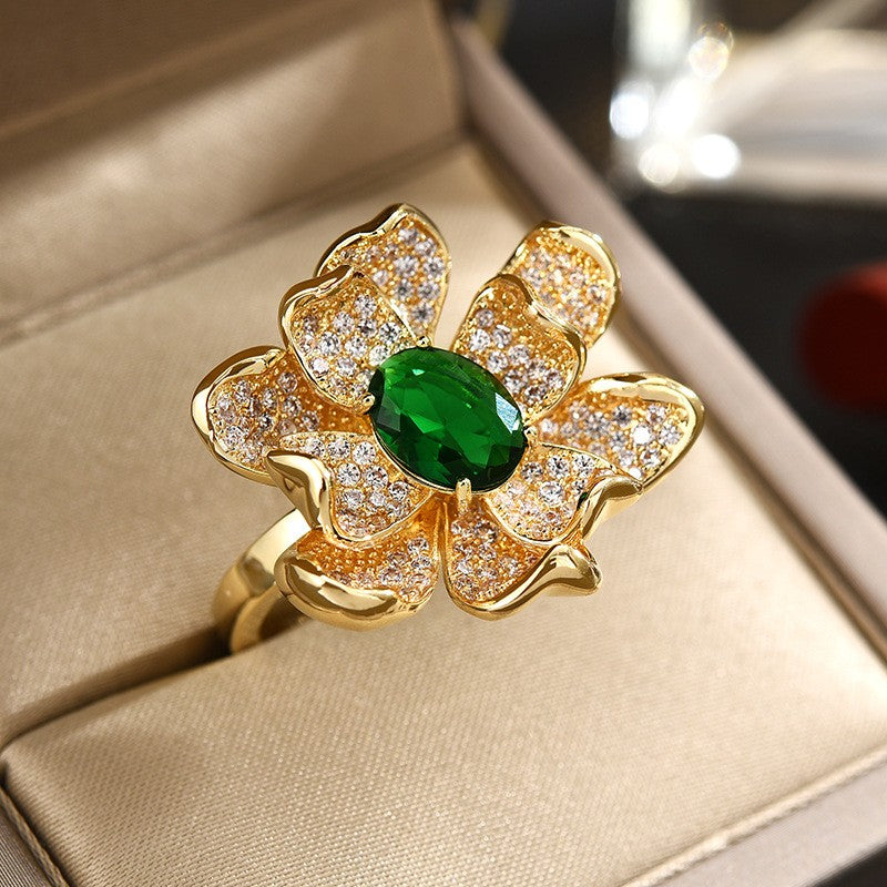 Emerald Camellia Open Ring