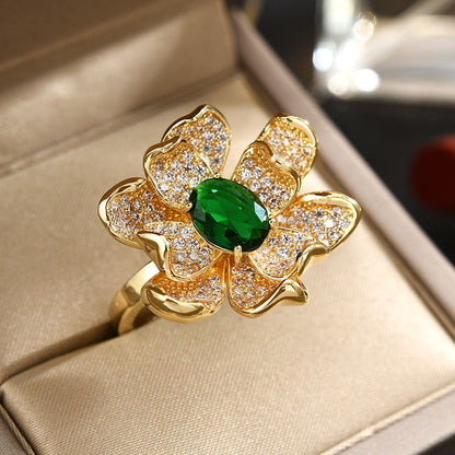 Emerald Camellia Open Ring