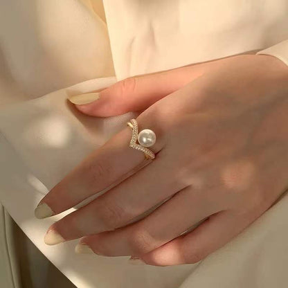 Pearl V Zircon Open Ring