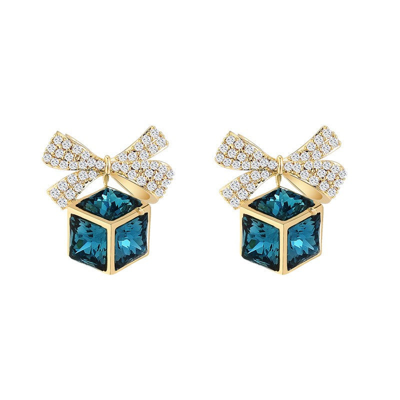 Blue Crystal Cube Sapphire Ribbon Stud Earrings
