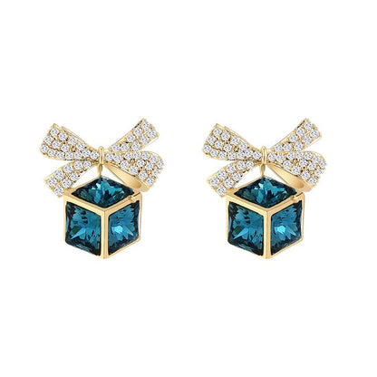 Blue Crystal Cube Sapphire Ribbon Stud Earrings