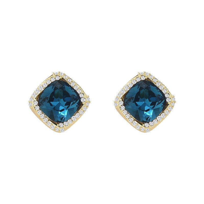 Square Blue Crystal Sapphire Stud Earrings