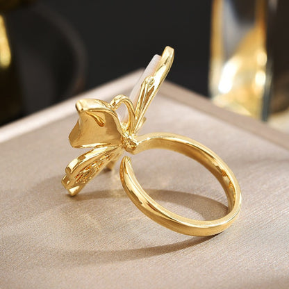Pearl and Mother of Pearl Butterfly Open Gold Ring
