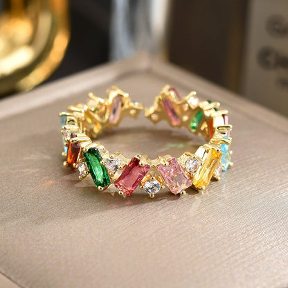 Rainbow Baguette Zirconia Gold Open Ring
