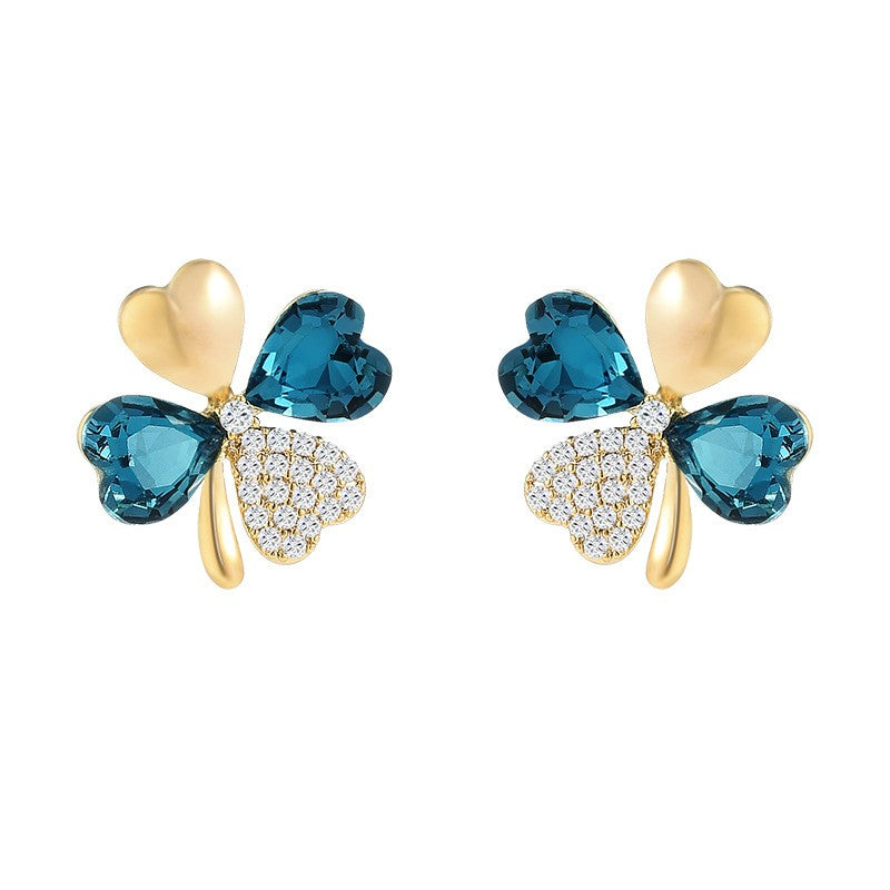 Blue Crystal Zircon Clover Stud Earrings