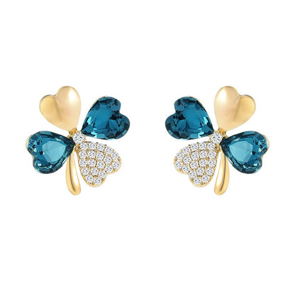 Blue Crystal Zircon Clover Stud Earrings