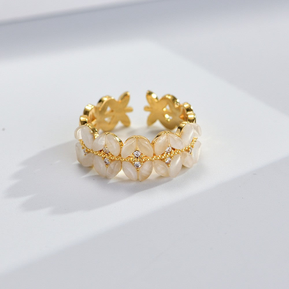 Moonstone Clover Zirconia Gold Open Ring