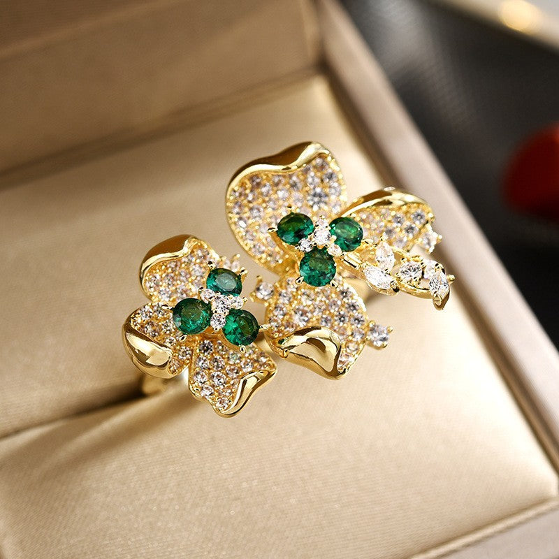 Petals Sapphire Emerald Open Silver Ring