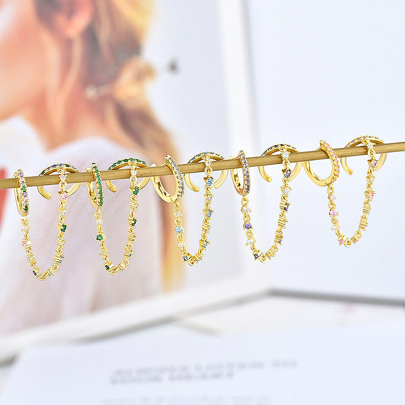 Rainbow Sapphire Dangling One Piece Ear Chain Clip Earrings