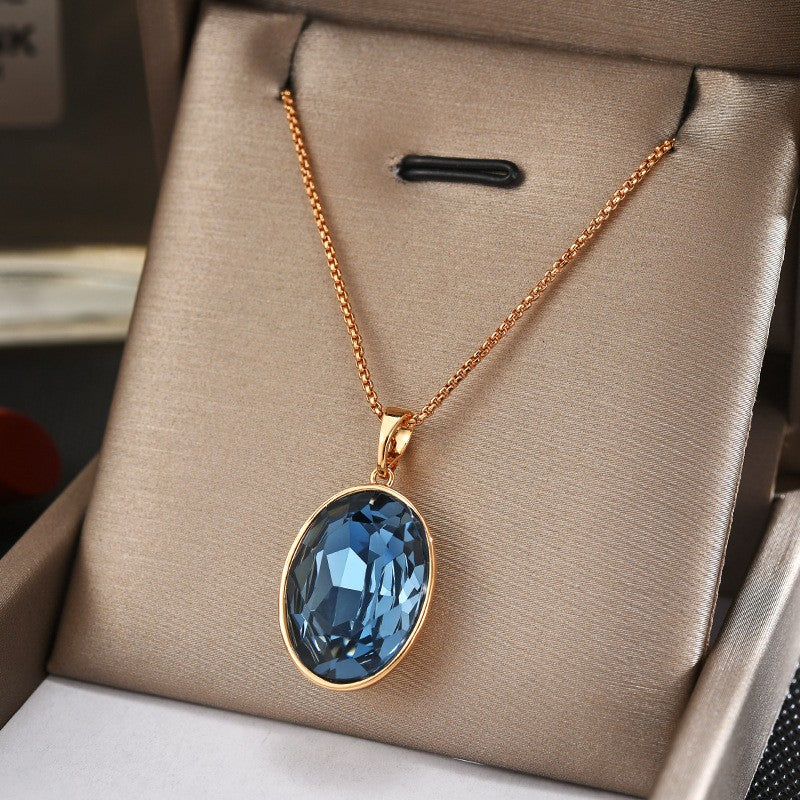 Blue Oval Crystal Pendent Necklace