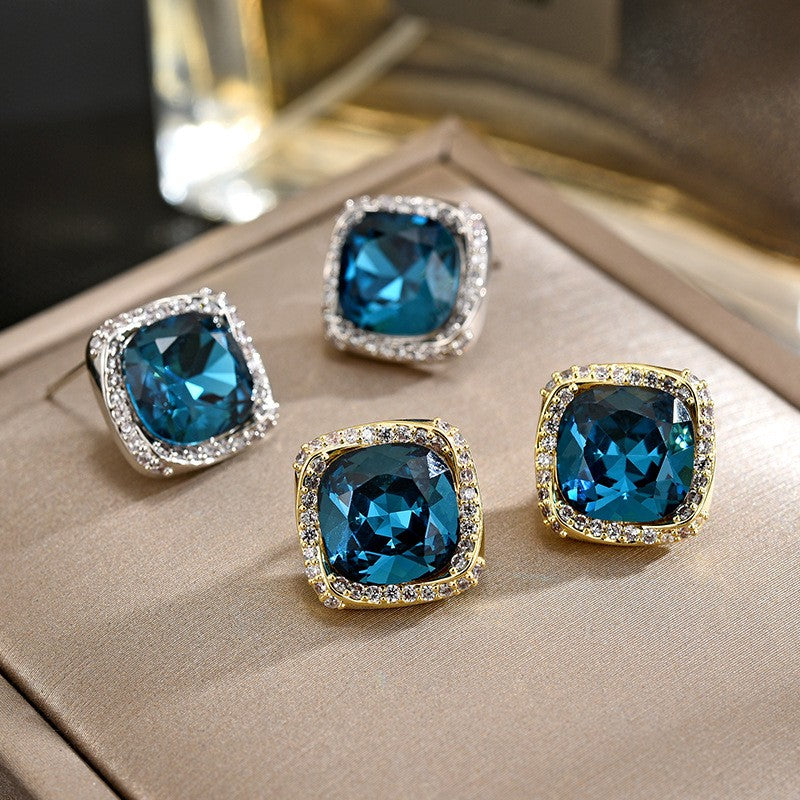 Square Blue Crystal Sapphire Stud Earrings