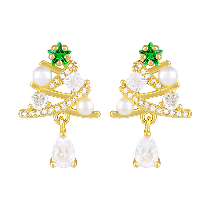 Teardrop Green Sapphire Dangling Christmas Tree Stud Earring -Gold