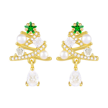 Teardrop Green Sapphire Dangling Christmas Tree Stud Earring -Gold