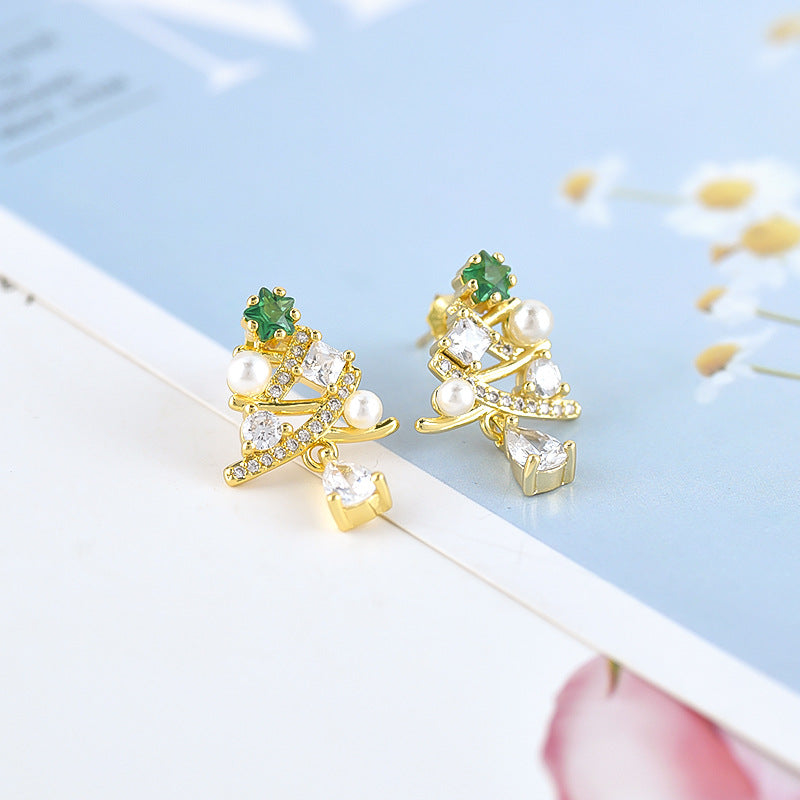 Teardrop Green Sapphire Dangling Christmas Tree Stud Earring -Gold