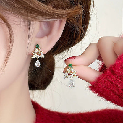 Teardrop Green Sapphire Dangling Christmas Tree Stud Earring -Gold