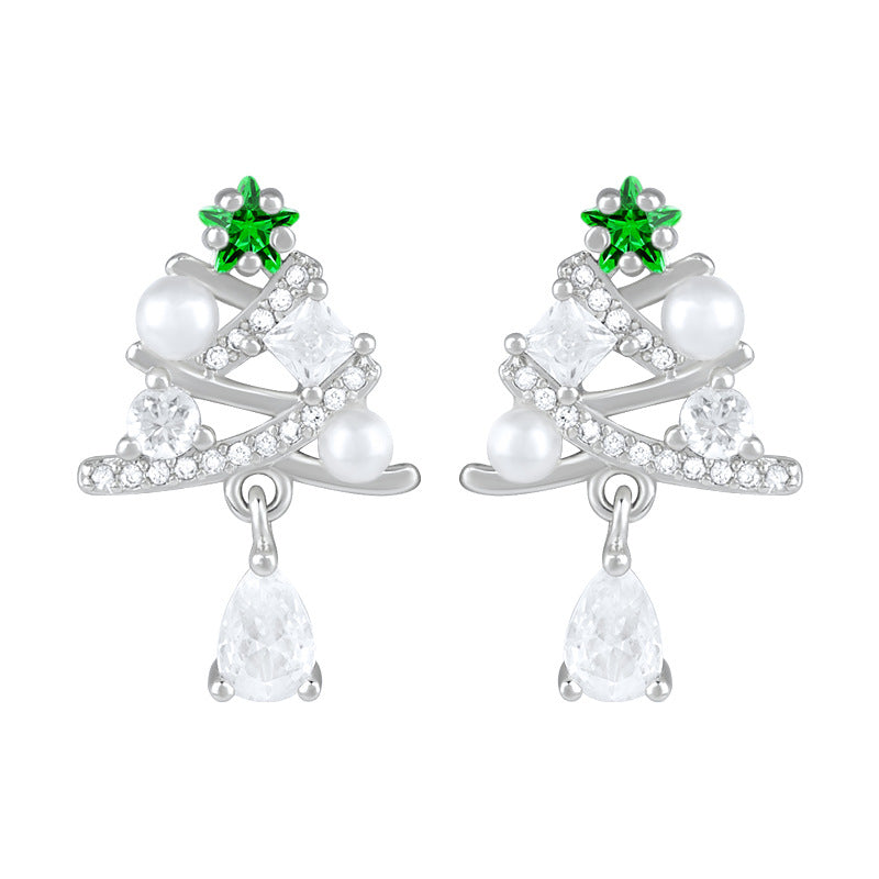 Teardrop Green Sapphire Dangling Christmas Tree Stud Earring-Silver