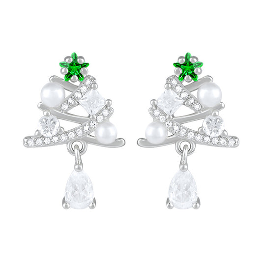 Teardrop Green Sapphire Dangling Christmas Tree Stud Earring-Silver
