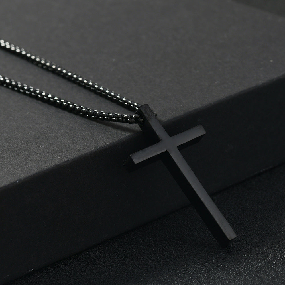 Cross Pendant Box Chain Necklace (Black)