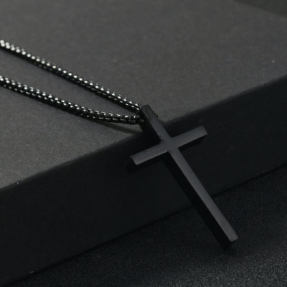 Cross Pendant Box Chain Necklace (Black)