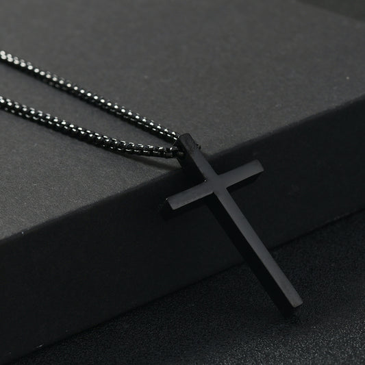 Cross Pendant Box Chain Necklace (Black)