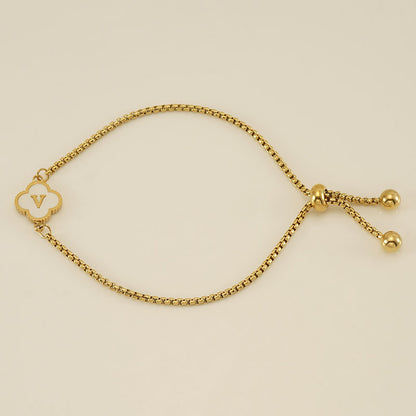 Clover Initial Letter Mother of Pearl Box Chain Bracelet