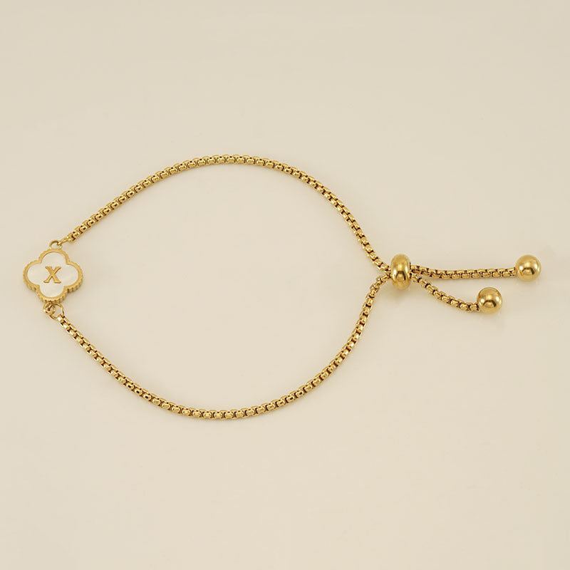 Clover Initial Letter Mother of Pearl Box Chain Bracelet